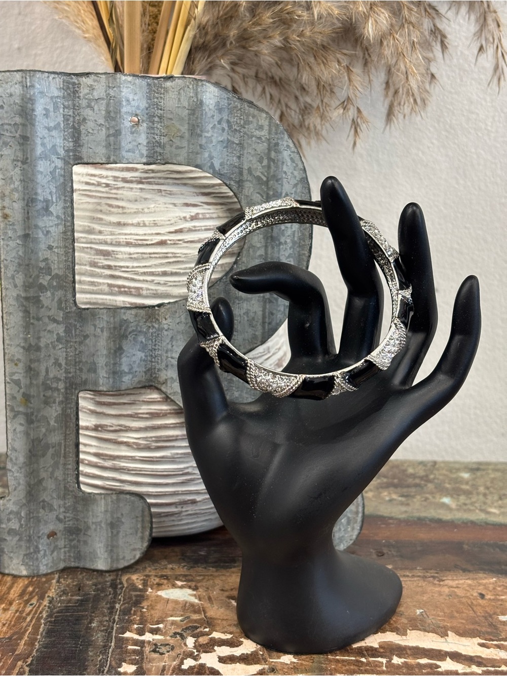 Rhinestone Snake Silver and Black Enamel Fashion Bangle Bracelet